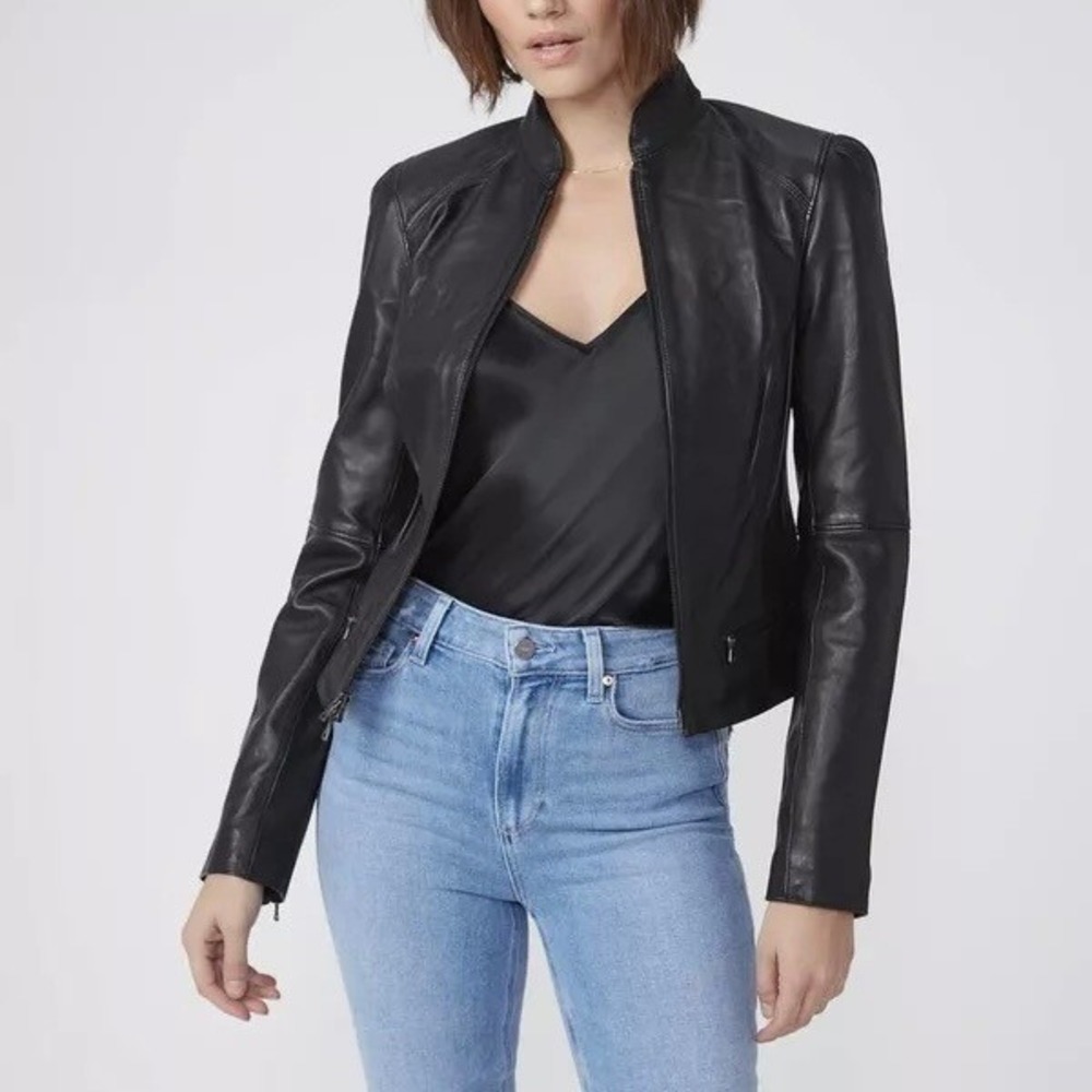 PAIGE Maxinne Jacket Black Genuine Leather Moto Stand Collar Puff Shoulder Med